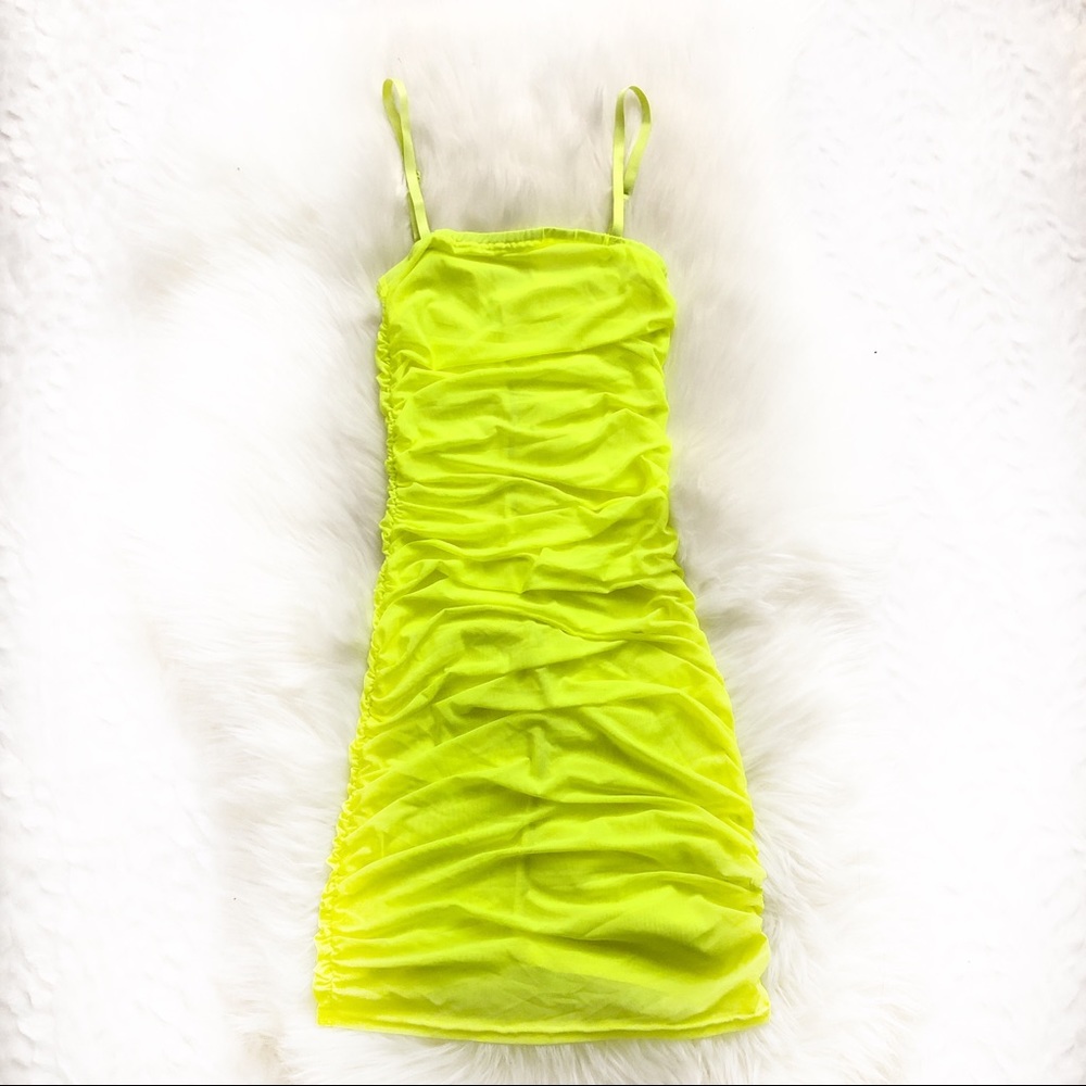 Neón Green Mesh Cover Up Sexy Bodycon Mini Dress - Picture 4 of 4